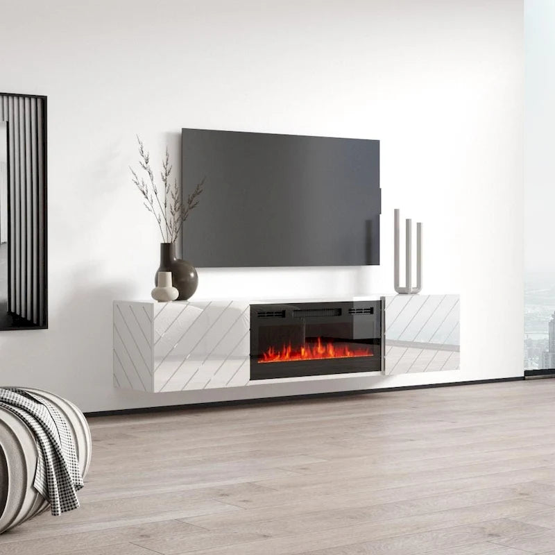 Mueble de TV de 72 pulgadas con chimenea eléctrica integrada, incluye kit de montaje en pared