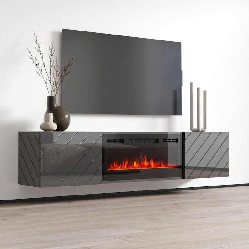 Mueble de TV de 72 pulgadas con chimenea eléctrica integrada, incluye kit de montaje en pared