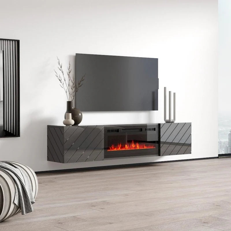 Mueble de TV de 72 pulgadas con chimenea eléctrica integrada, incluye kit de montaje en pared