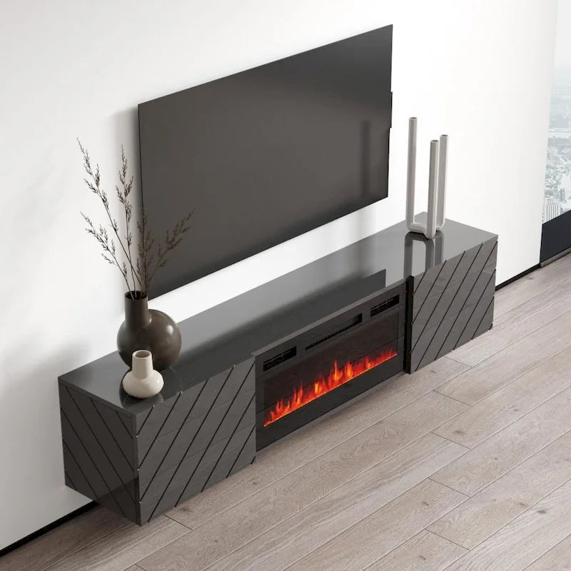 Mueble de TV de 72 pulgadas con chimenea eléctrica integrada, incluye kit de montaje en pared
