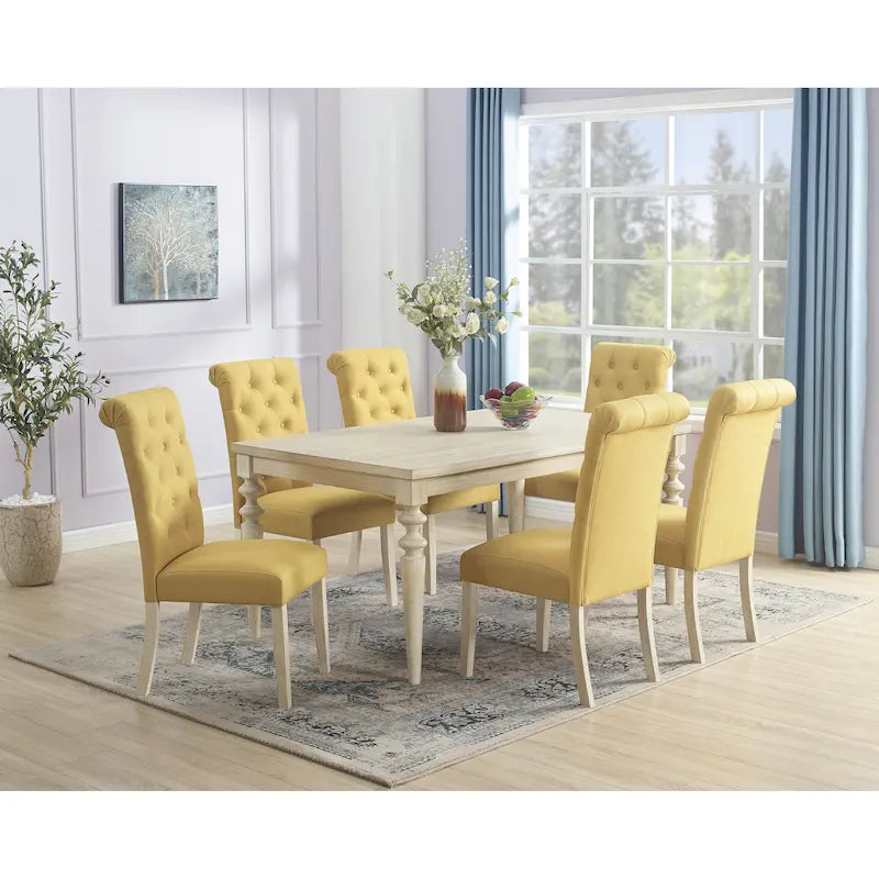 Mesa de comedor con 6 sillas capitoné, patas torneadas