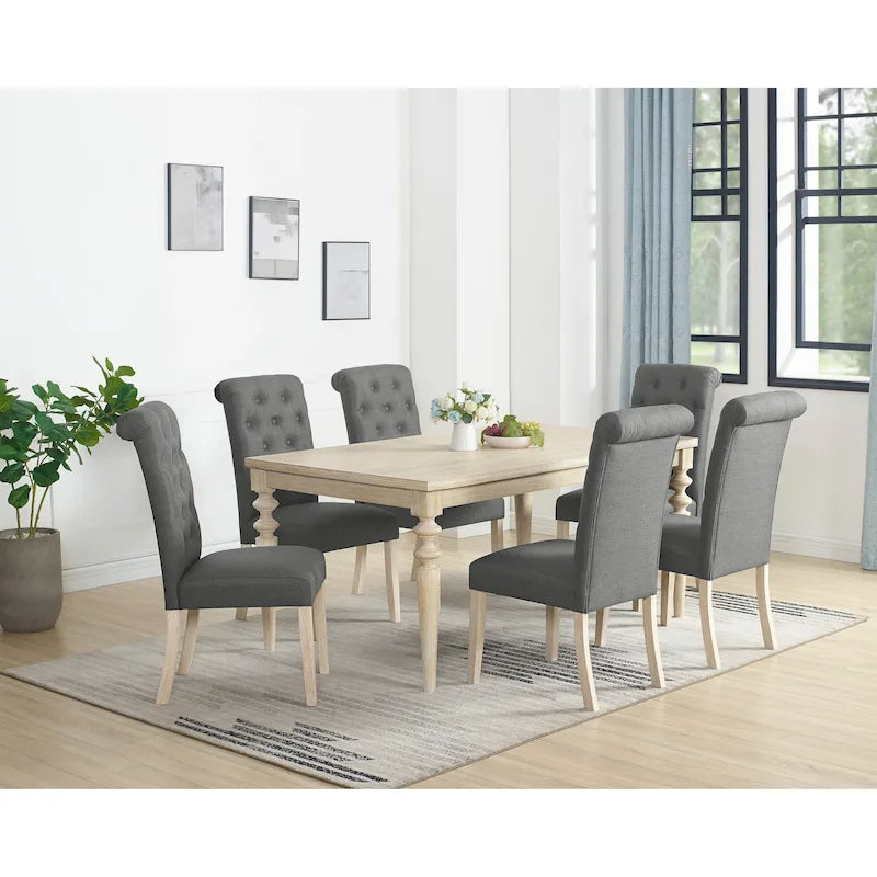 Mesa de comedor con 6 sillas capitoné, patas torneadas