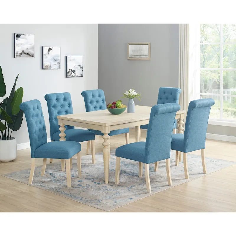Mesa de comedor con 6 sillas capitoné, patas torneadas
