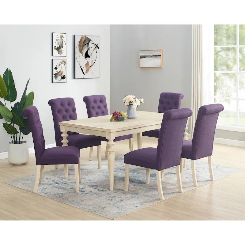 Mesa de comedor con 6 sillas capitoné, patas torneadas