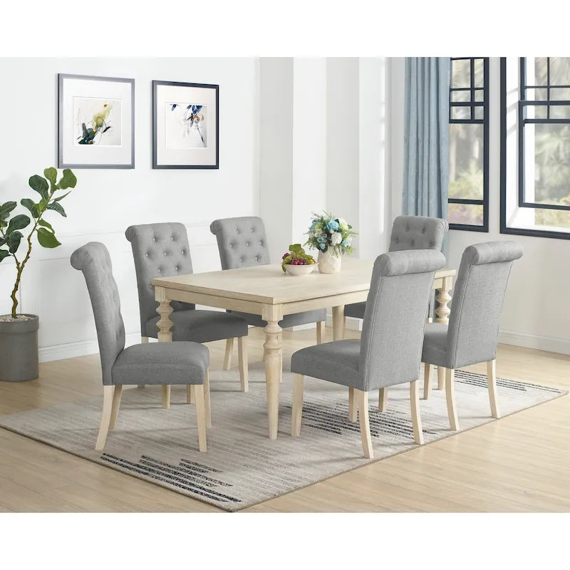 Mesa de comedor con 6 sillas capitoné, patas torneadas