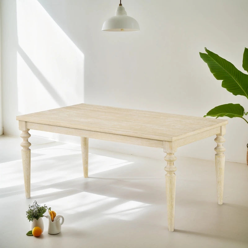 Mesa de comedor con 6 sillas capitoné, patas torneadas