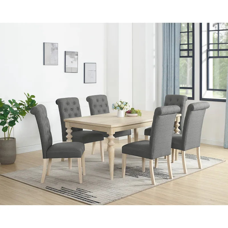 Mesa de comedor con 6 sillas capitoné, patas torneadas