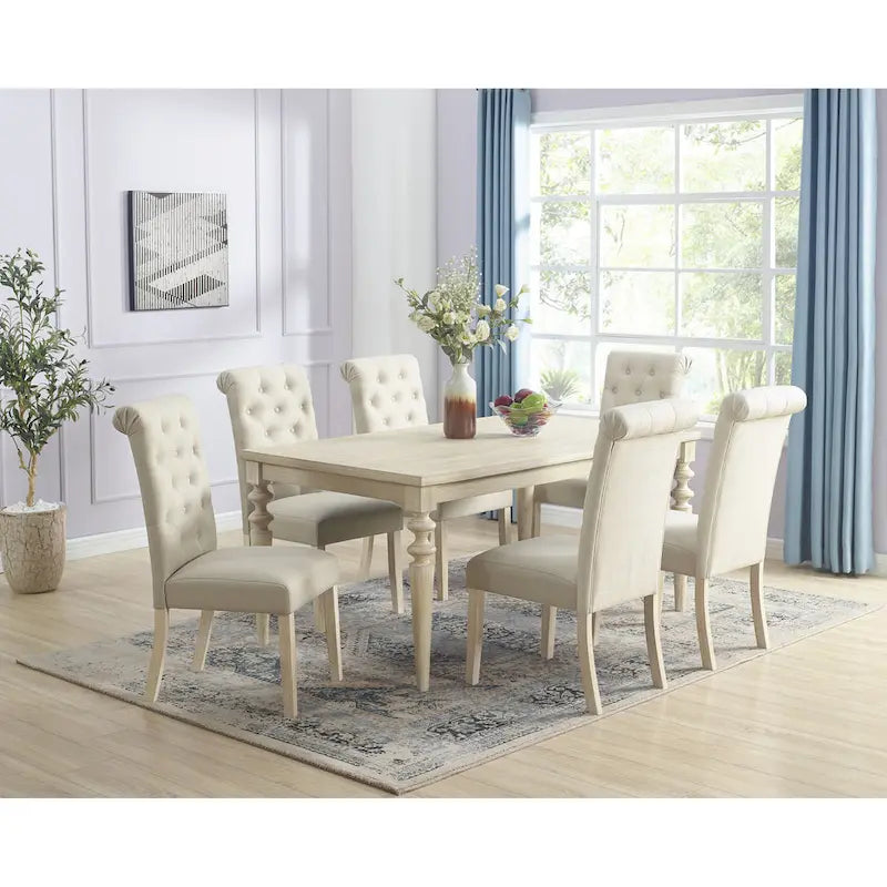 Mesa de comedor con 6 sillas capitoné, patas torneadas