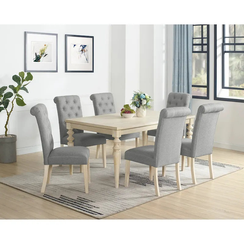 Mesa de comedor con 6 sillas capitoné, patas torneadas