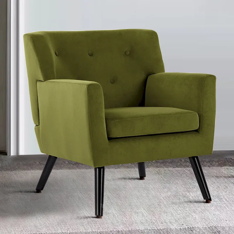 Sillón Acentual Tapizado en Terciopelo con Estructura de Acero y Patas de Madera