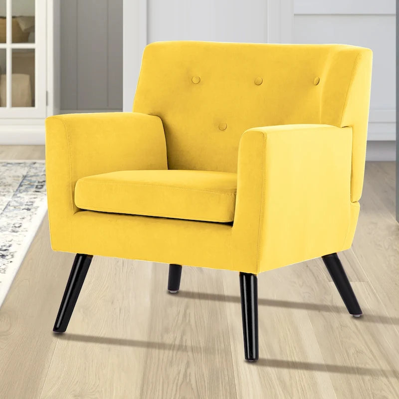 Sillón Acentual Tapizado en Terciopelo con Estructura de Acero y Patas de Madera