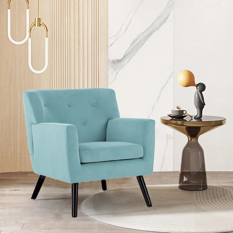 Sillón Acentual Tapizado en Terciopelo con Estructura de Acero y Patas de Madera