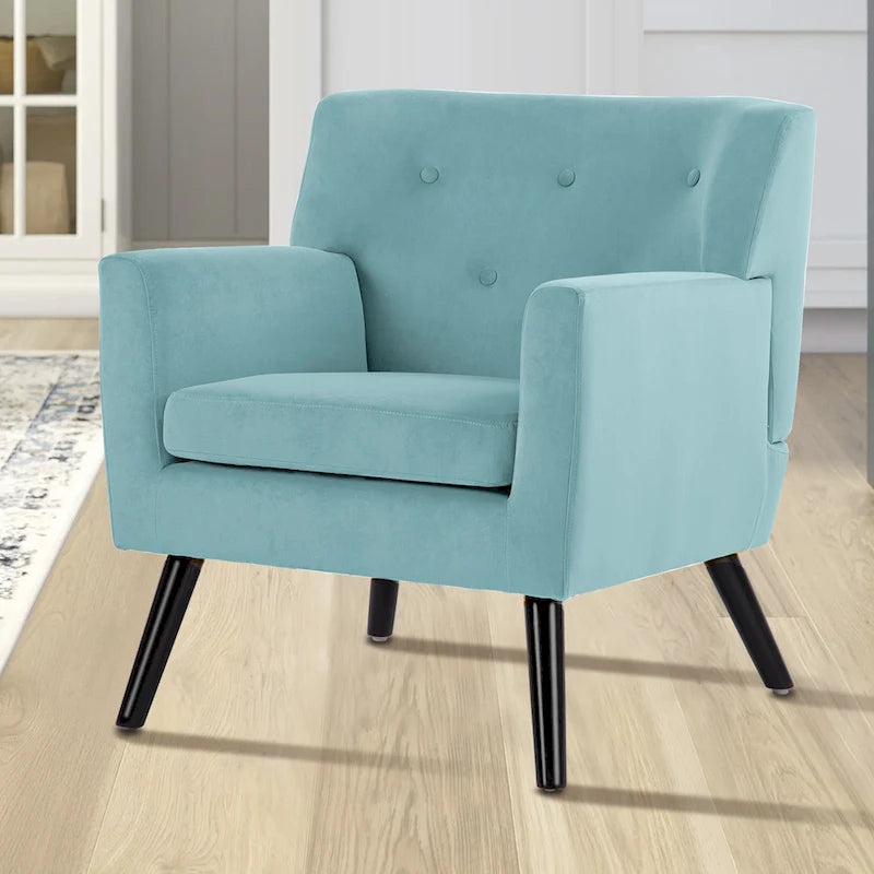 Sillón Acentual Tapizado en Terciopelo con Estructura de Acero y Patas de Madera