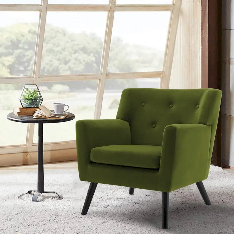 Sillón Acentual Tapizado en Terciopelo con Estructura de Acero y Patas de Madera