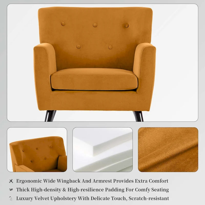 Sillón Acentual Tapizado en Terciopelo con Estructura de Acero y Patas de Madera