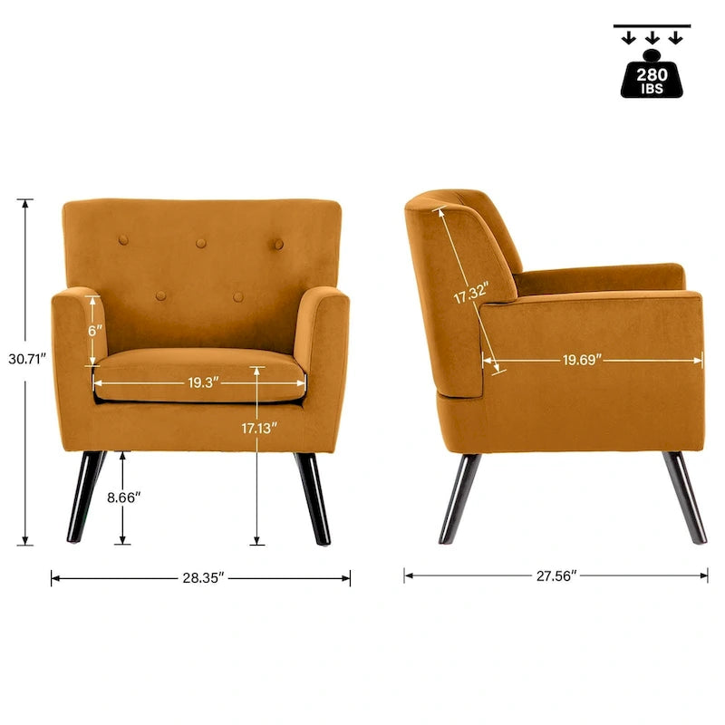 Sillón Acentual Tapizado en Terciopelo con Estructura de Acero y Patas de Madera