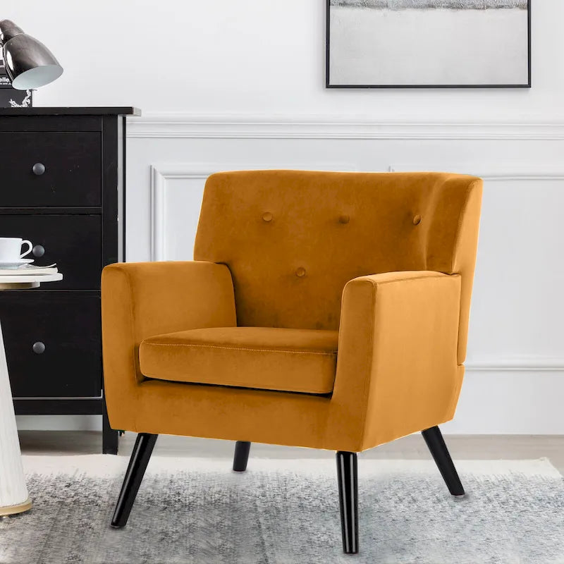 Sillón Acentual Tapizado en Terciopelo con Estructura de Acero y Patas de Madera