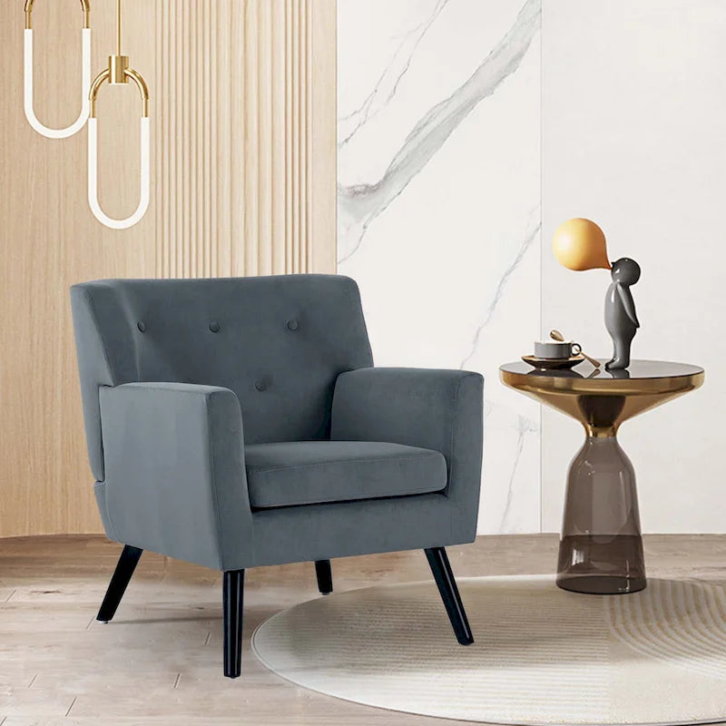 Sillón Acentual Tapizado en Terciopelo con Estructura de Acero y Patas de Madera