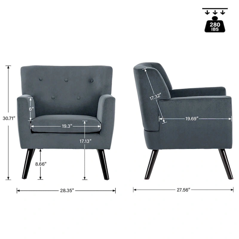 Sillón Acentual Tapizado en Terciopelo con Estructura de Acero y Patas de Madera