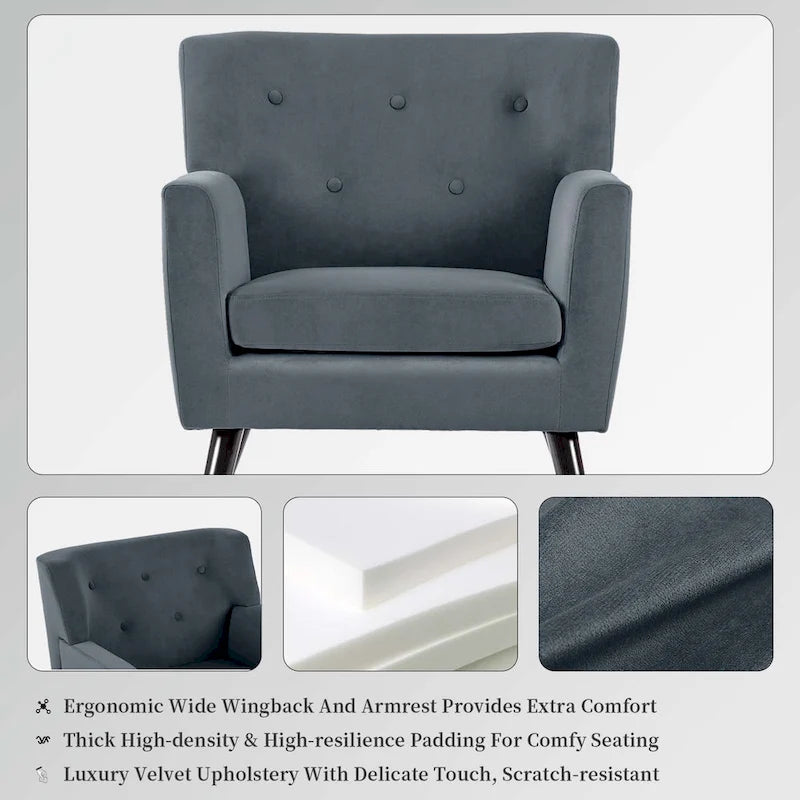 Sillón Acentual Tapizado en Terciopelo con Estructura de Acero y Patas de Madera