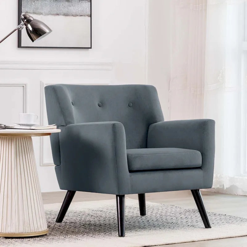 Sillón Acentual Tapizado en Terciopelo con Estructura de Acero y Patas de Madera