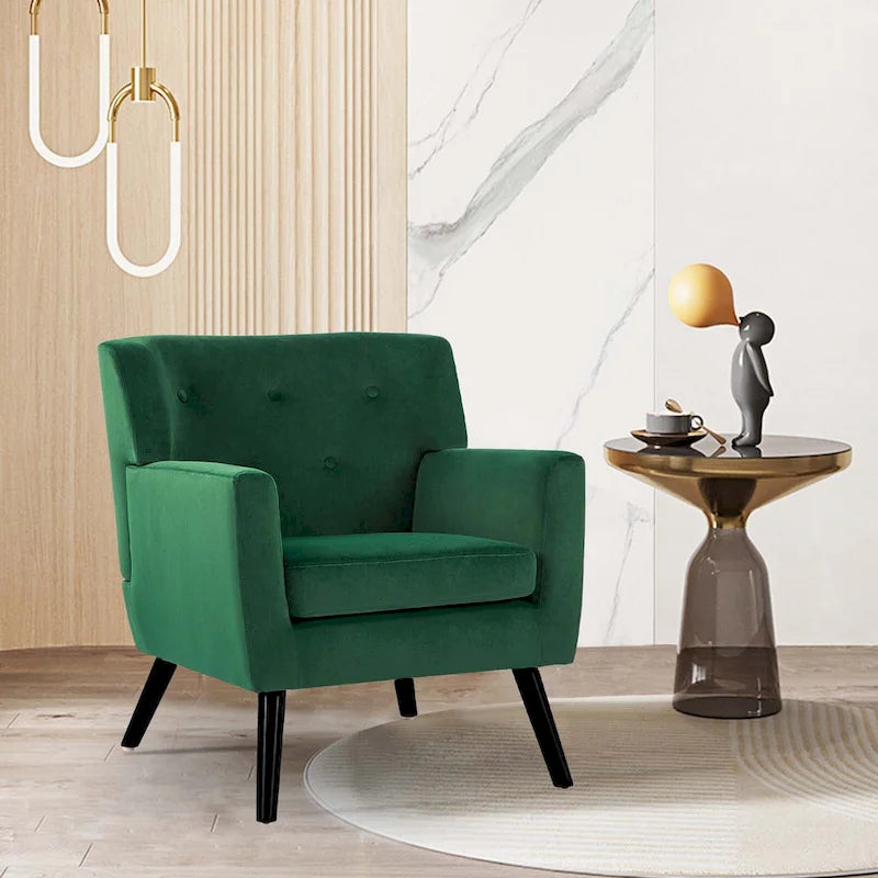 Sillón Acentual Tapizado en Terciopelo con Estructura de Acero y Patas de Madera