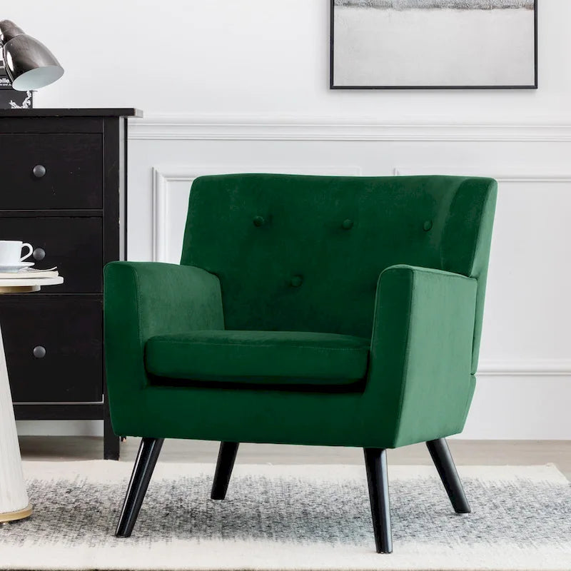Sillón Acentual Tapizado en Terciopelo con Estructura de Acero y Patas de Madera