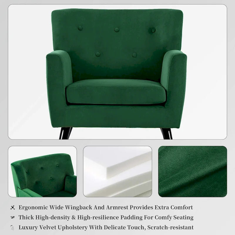 Sillón Acentual Tapizado en Terciopelo con Estructura de Acero y Patas de Madera
