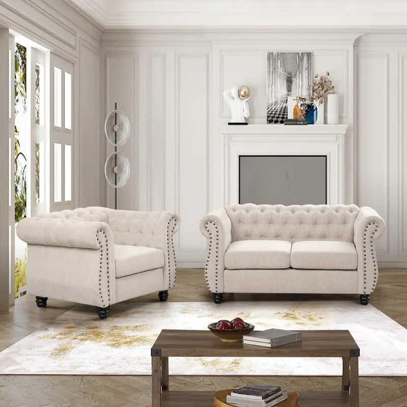 Sillón, Sofá de dos plazas tapizado Chesterfield
