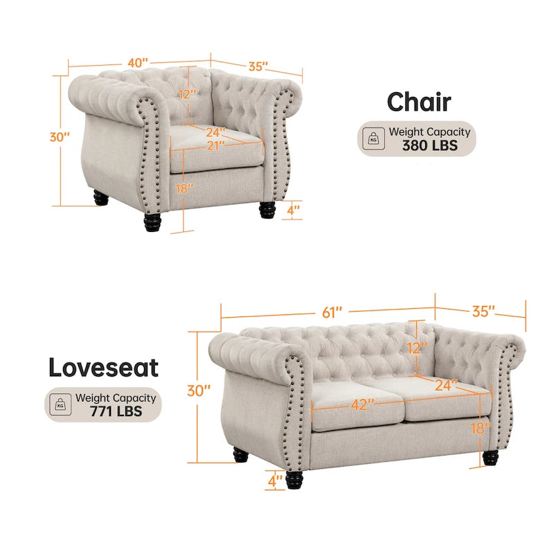 Sillón, Sofá de dos plazas tapizado Chesterfield