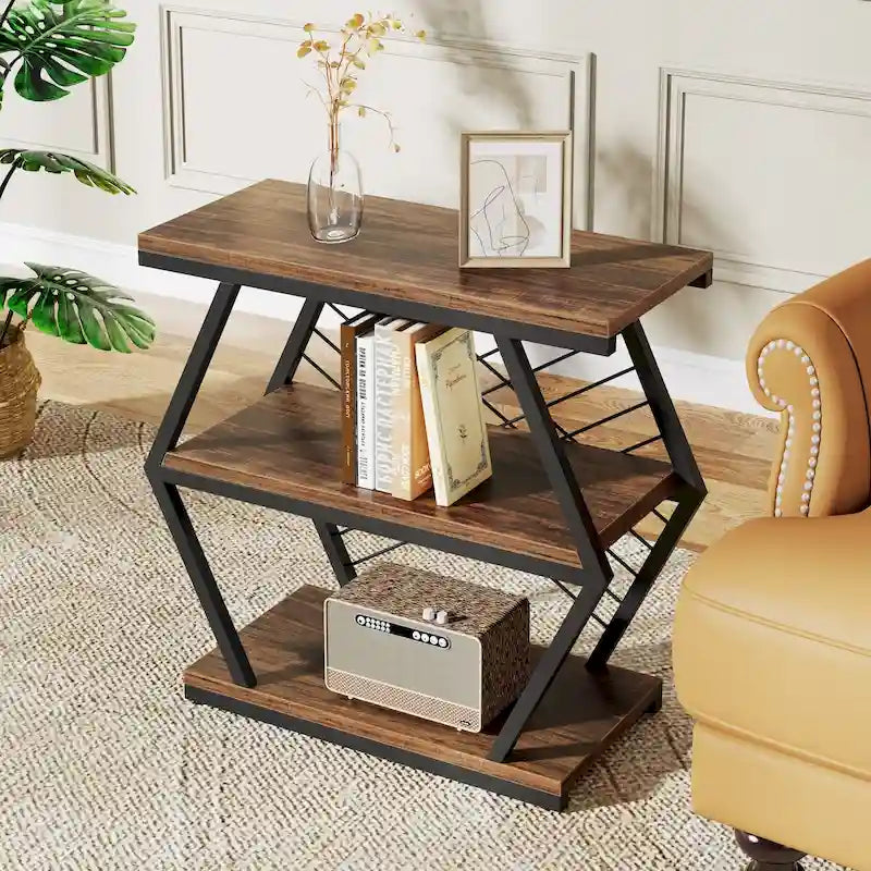 Mesa auxiliar rectangular de 3 niveles con estructura de metal para sala de estar, mesita de noche para dormitorio
