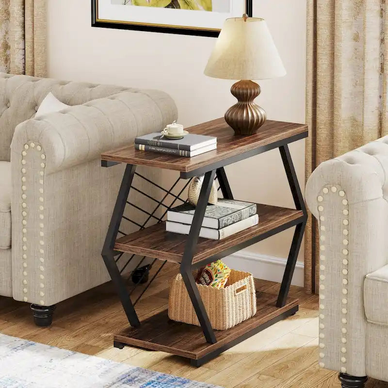 Mesa auxiliar rectangular de 3 niveles con estructura de metal para sala de estar, mesita de noche para dormitorio