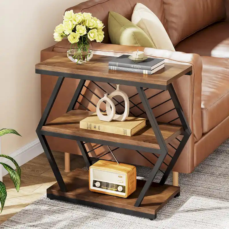 Mesa auxiliar rectangular de 3 niveles con estructura de metal para sala de estar, mesita de noche para dormitorio