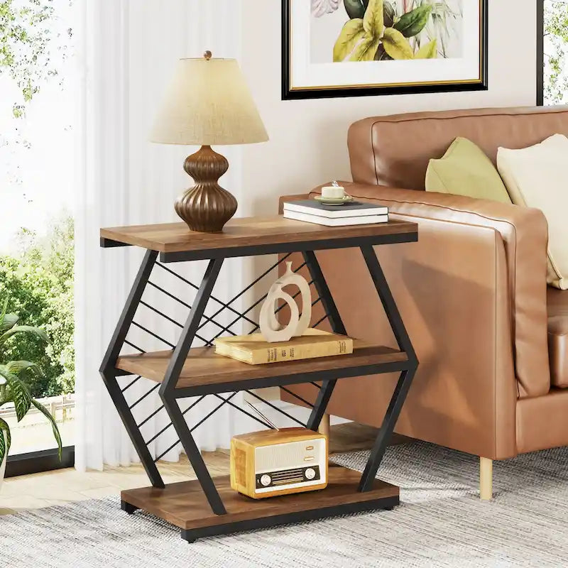 Mesa auxiliar rectangular de 3 niveles con estructura de metal para sala de estar, mesita de noche para dormitorio