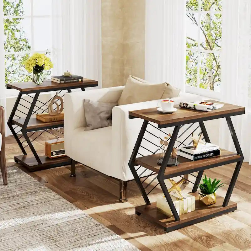Mesa auxiliar rectangular de 3 niveles con estructura de metal para sala de estar, mesita de noche para dormitorio