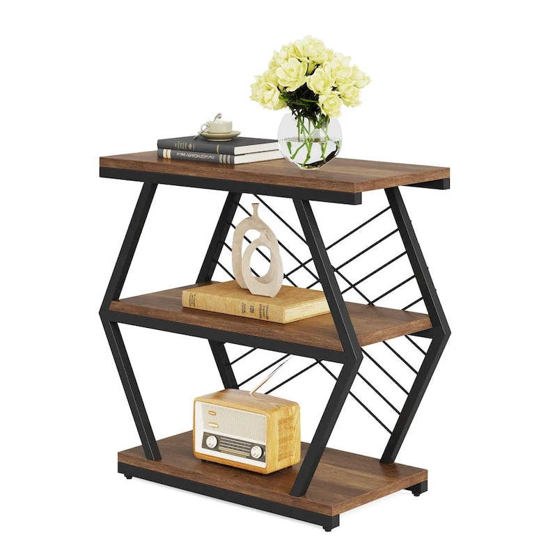 Mesa auxiliar rectangular de 3 niveles con estructura de metal para sala de estar, mesita de noche para dormitorio
