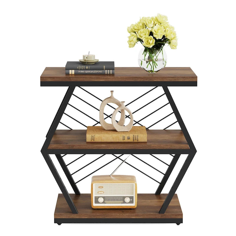 Mesa auxiliar rectangular de 3 niveles con estructura de metal para sala de estar, mesita de noche para dormitorio
