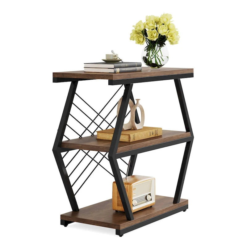 Mesa auxiliar rectangular de 3 niveles con estructura de metal para sala de estar, mesita de noche para dormitorio