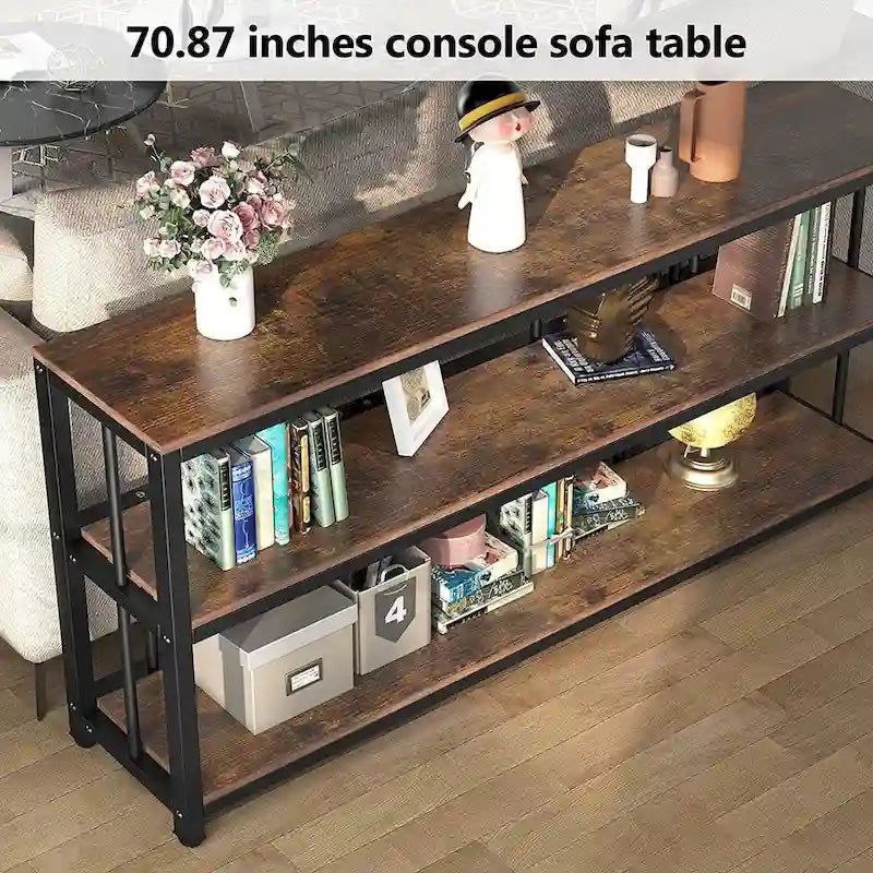 Mesa consola de 70.9, mesa de sofá de 3 niveles con estantes, marrón