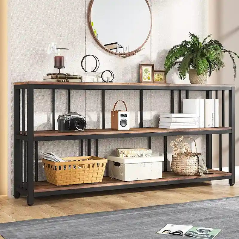 Mesa consola de 70.9, mesa de sofá de 3 niveles con estantes, marrón