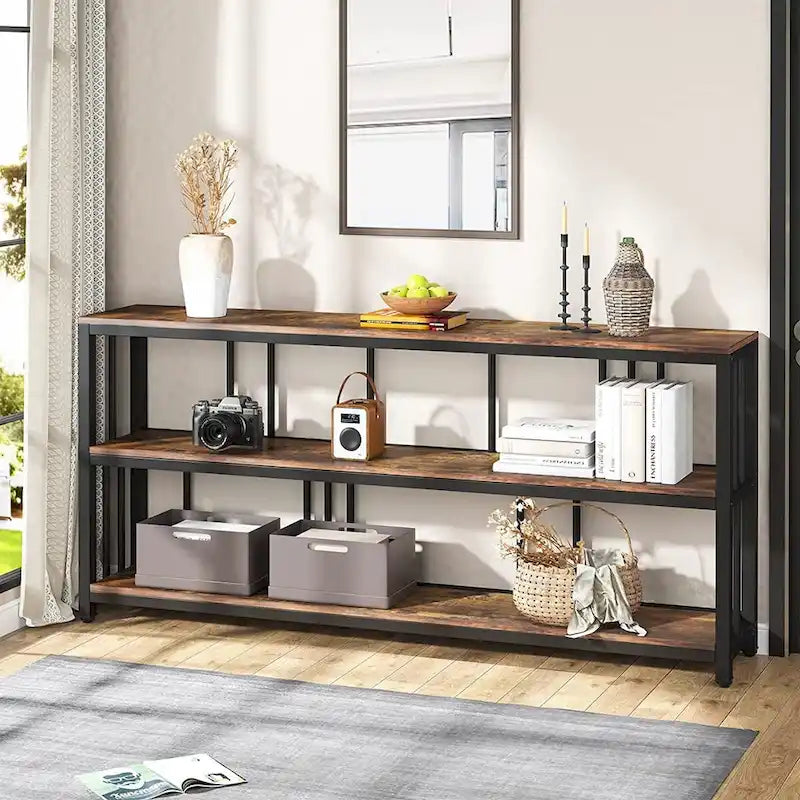 Mesa consola de 70.9, mesa de sofá de 3 niveles con estantes, marrón