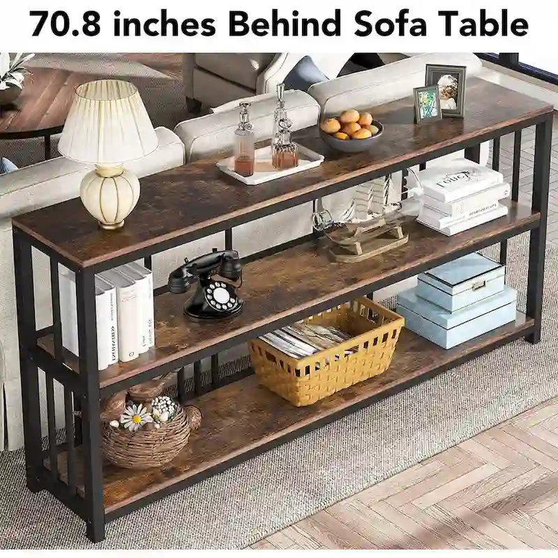 Mesa consola de 70.9, mesa de sofá de 3 niveles con estantes, marrón