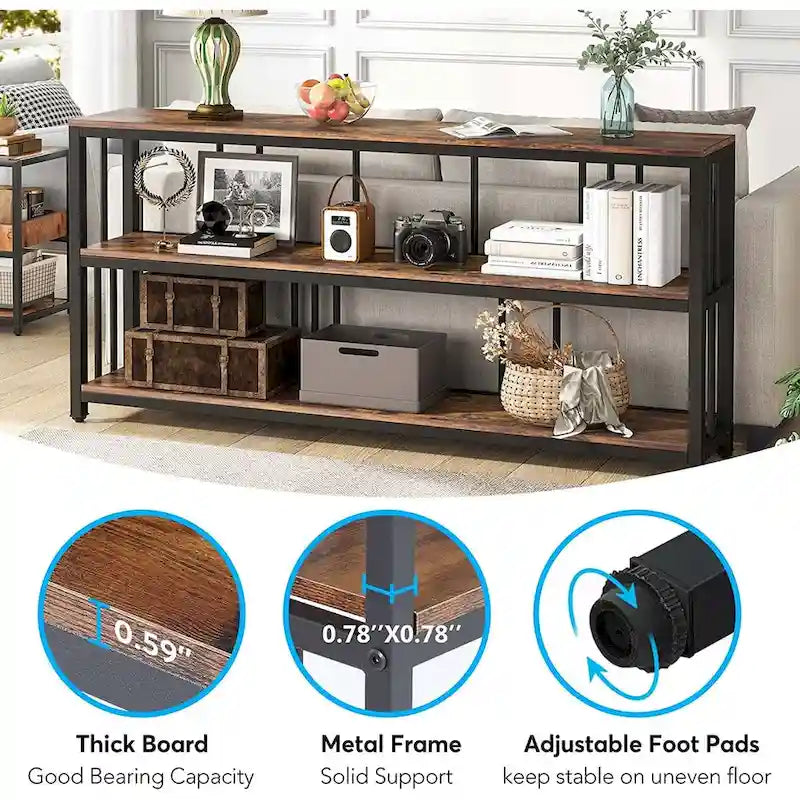 Mesa consola de 70.9, mesa de sofá de 3 niveles con estantes, marrón