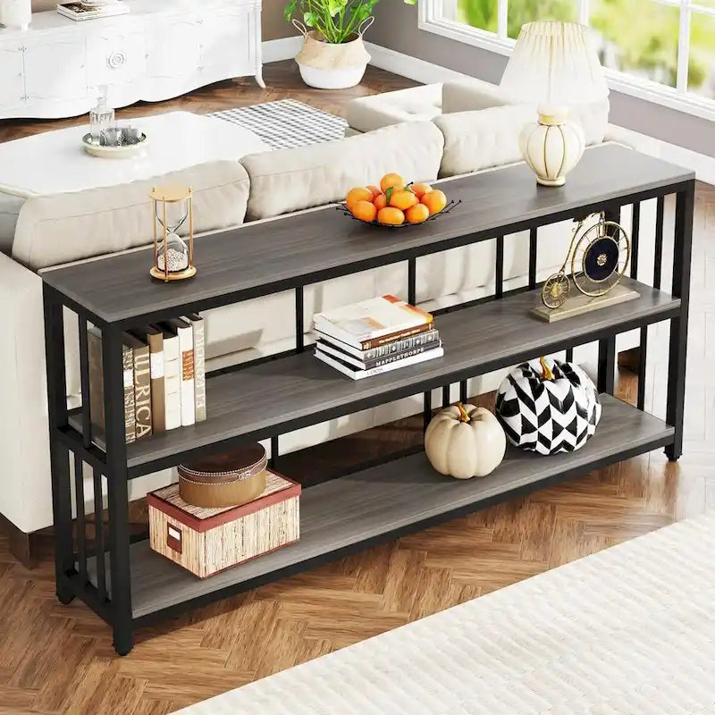 Mesa consola de 70.9, mesa de sofá de 3 niveles con estantes, marrón