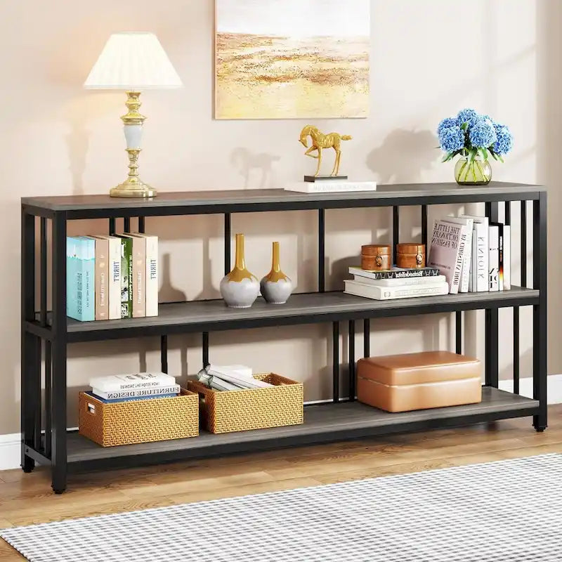 Mesa consola de 70.9, mesa de sofá de 3 niveles con estantes, marrón