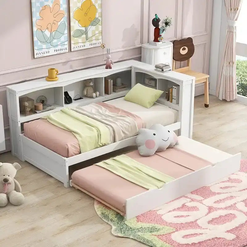 Cama nido individual con cama extraíble, armarios de almacenamiento y puertos USB
