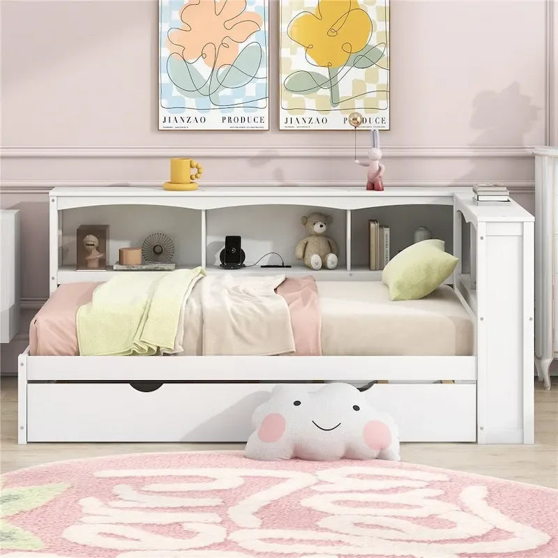 Cama nido individual con cama extraíble, armarios de almacenamiento y puertos USB