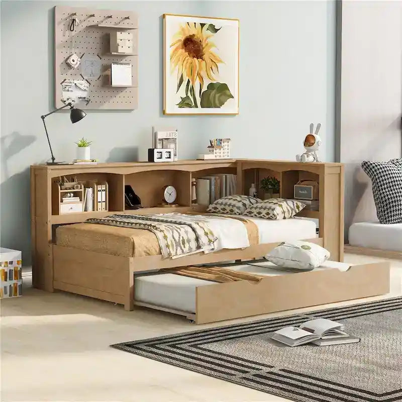 Cama nido individual con cama extraíble, armarios de almacenamiento y puertos USB