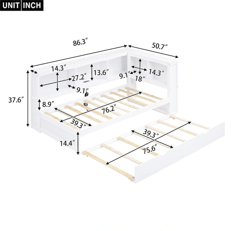 Cama nido individual con cama extraíble, armarios de almacenamiento y puertos USB