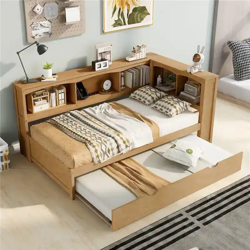 Cama nido individual con cama extraíble, armarios de almacenamiento y puertos USB